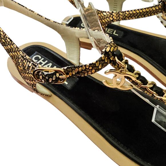 Chanel CC Chain Thong Fantasy Goatskin Sandal Black Gold Size 37.5 C US 6.5 7 - Picture 8 of 14